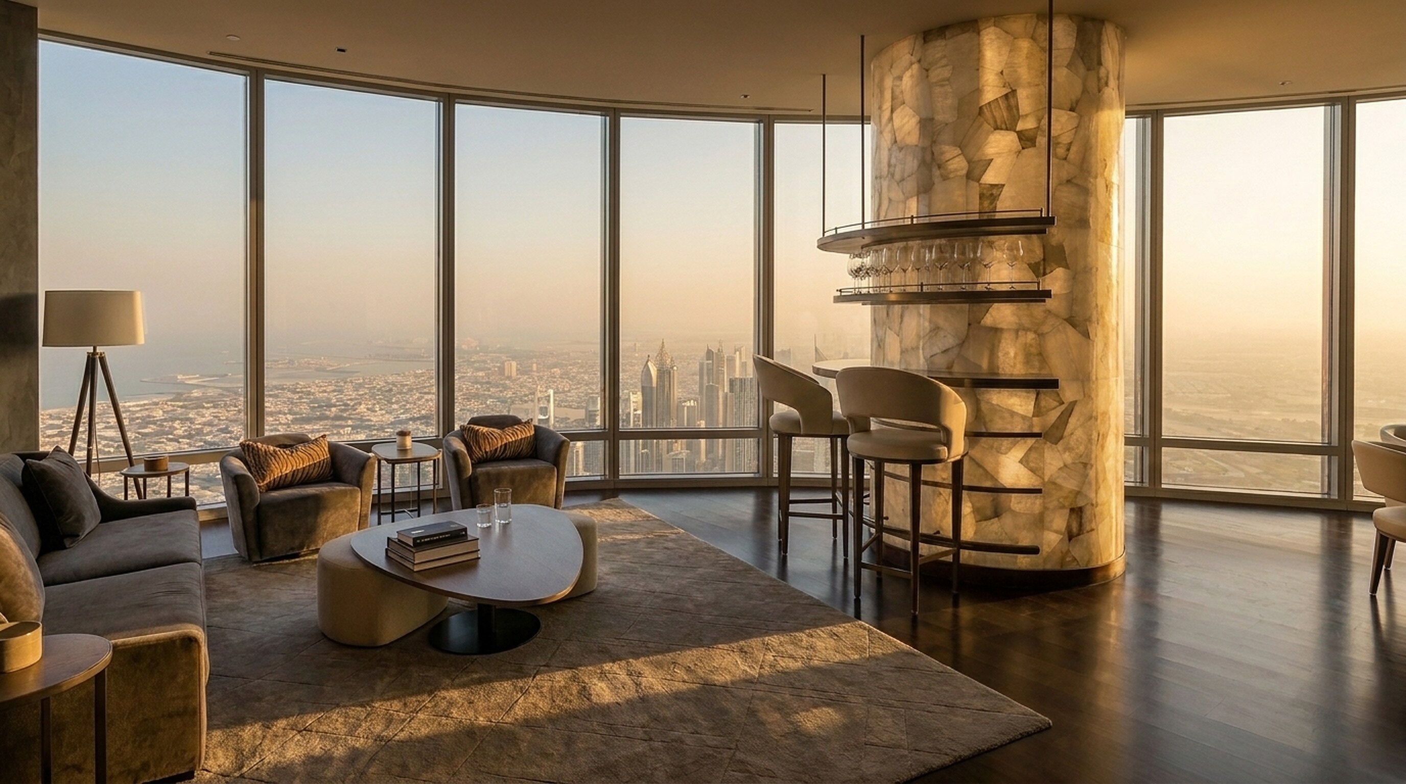 Living room of a private residence in the Burj Khalifa: curved floor-to-ceiling glazing wrapping the Dubai skyline, a crystalline-stone bar column, and grey lounge seating