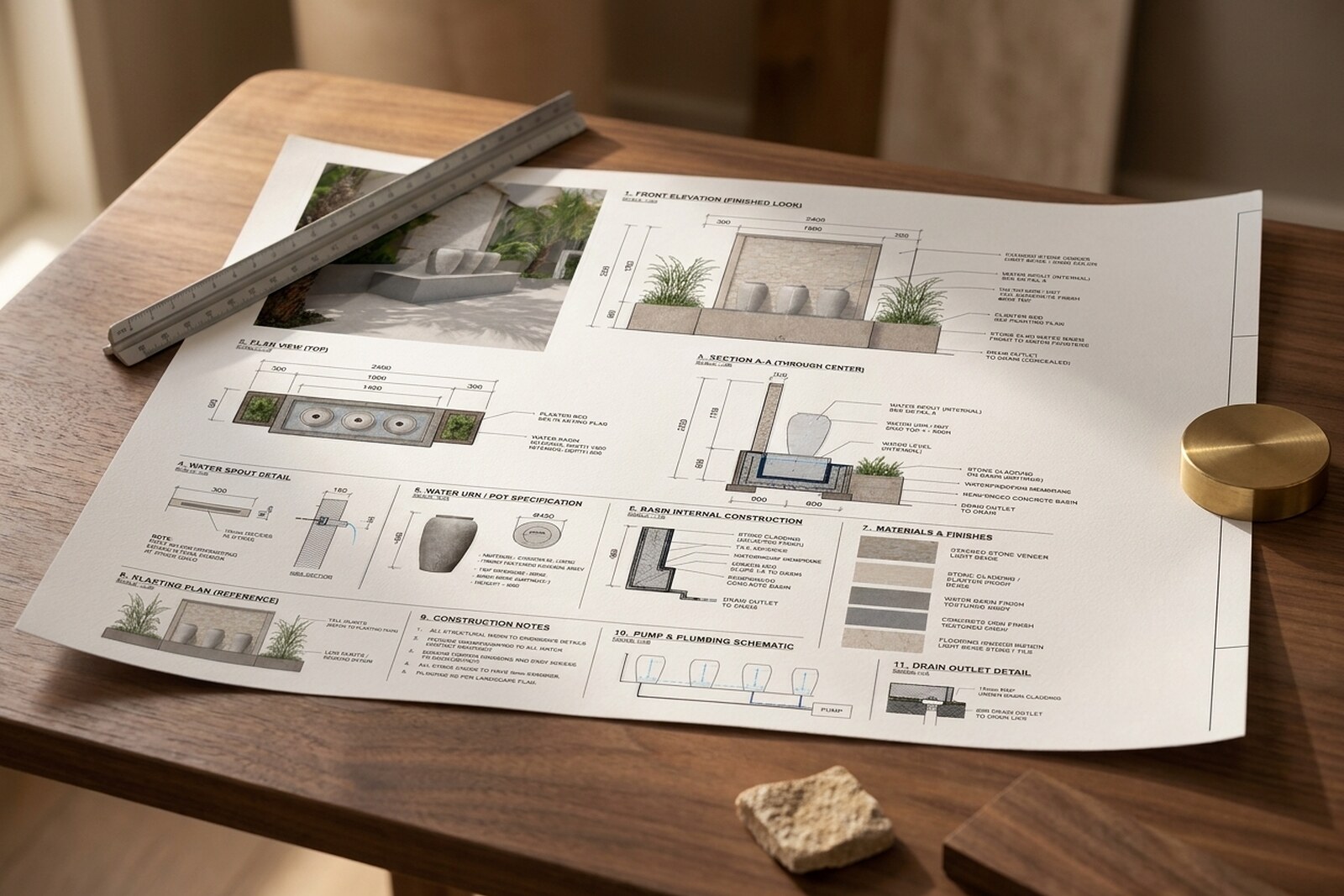 A True Build design drawing on the studio table with a scale ruler, reading cost from real scope