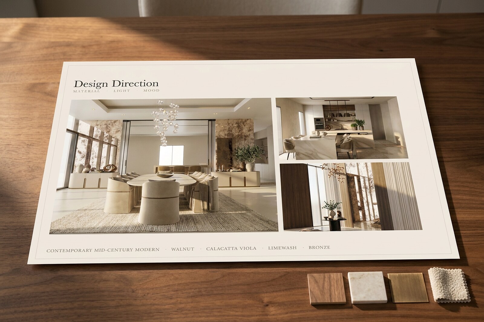 A studio design-direction board of styled interiors on the walnut table, with walnut, marble, bronze and boucle material samples