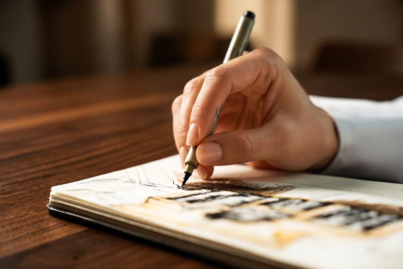 A hand sketching an architectural design in ink in the studio sketchbook